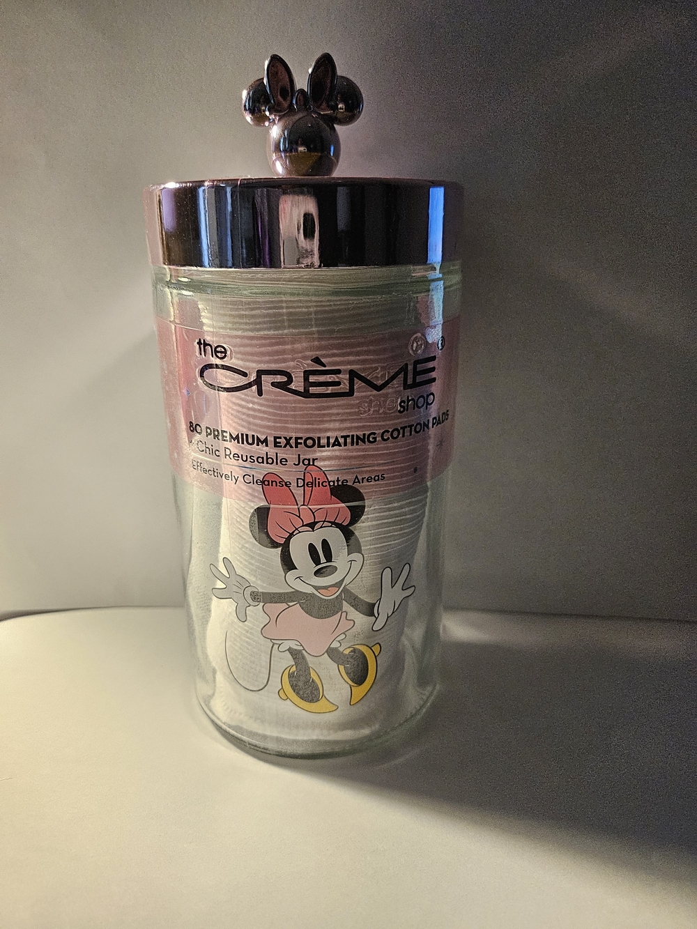 the Crème Shop Minnie Mouse Pink Reusable Cotton Pad Jar